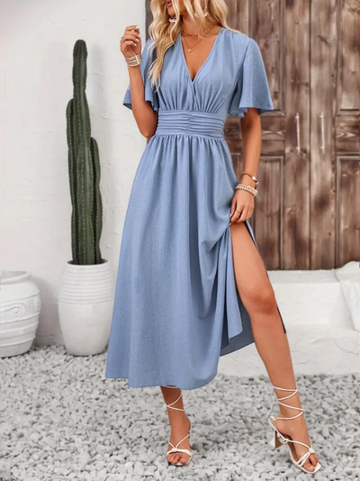 Long Dress - Short Sleeve - V Neck - Summer Dress - Maxi Sundress-Grace Aura