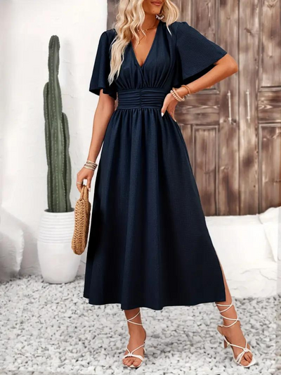 Long Dress - Short Sleeve - V Neck - Summer Dress - Maxi Sundress-Grace Aura