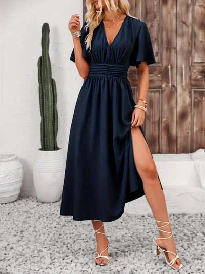 Long Dress - Short Sleeve - V Neck - Summer Dress - Maxi Sundress-Grace Aura