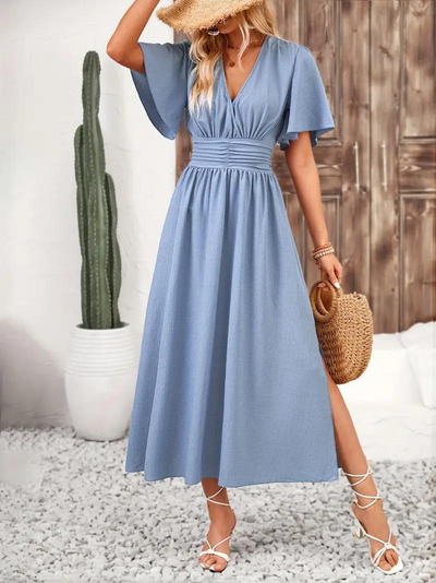 Long Dress - Short Sleeve - V Neck - Summer Dress - Maxi Sundress-Grace Aura