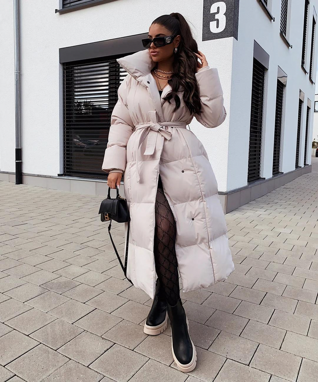 Long Puffer Coat | Warm | Belt | Padded Coat | Women's Long Winter Coat-Grace Aura