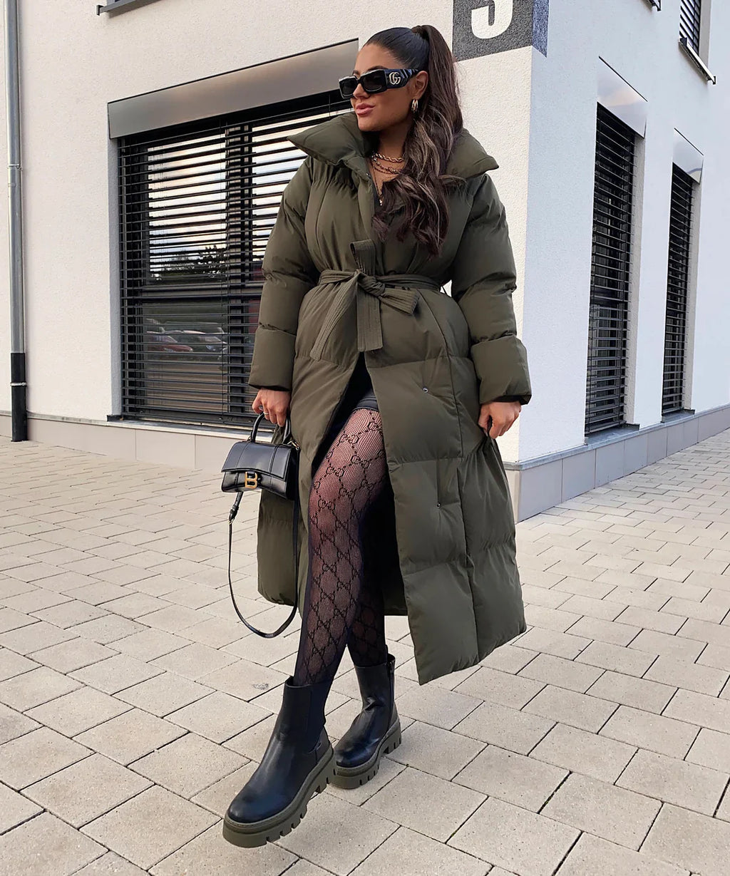 Long Puffer Coat | Warm | Belt | Padded Coat | Women's Long Winter Coat-Grace Aura