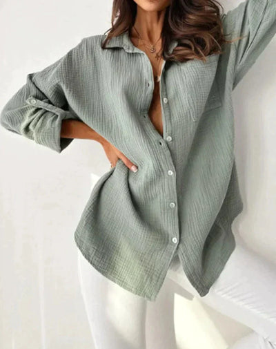 Long Sleeve Blouse - Lightweight - Oversized - Button-Up Shirt - Women's Clothing-Grace Aura