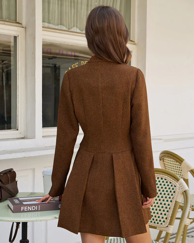 Long Sleeve Dress - Women's Brown Pleated Mini Dress for Autumn-Grace Aura