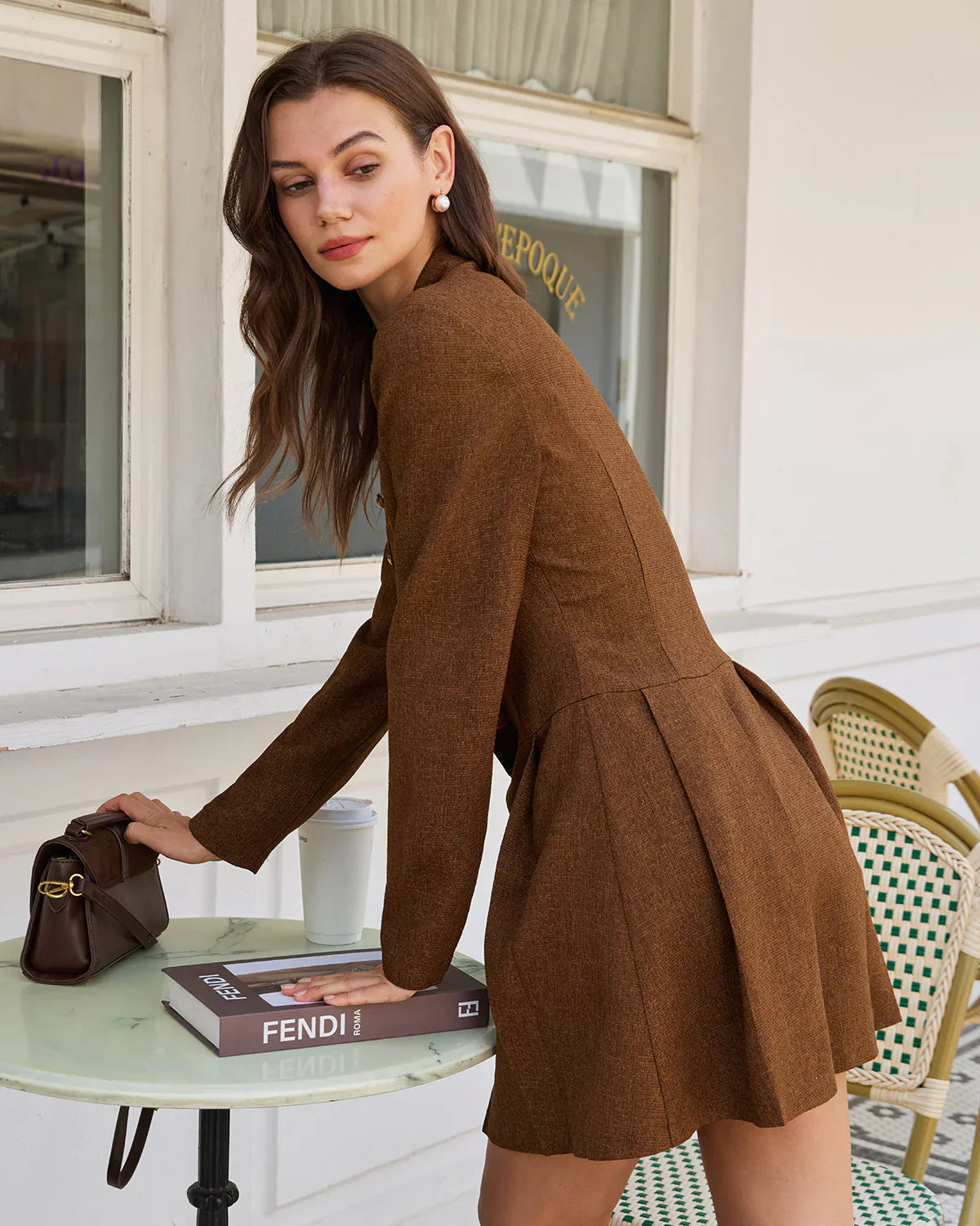 Long Sleeve Dress - Women's Brown Pleated Mini Dress for Autumn-Grace Aura