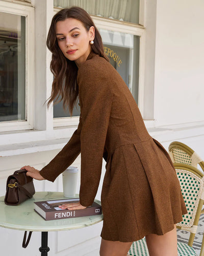Long Sleeve Dress - Women's Brown Pleated Mini Dress for Autumn-Grace Aura