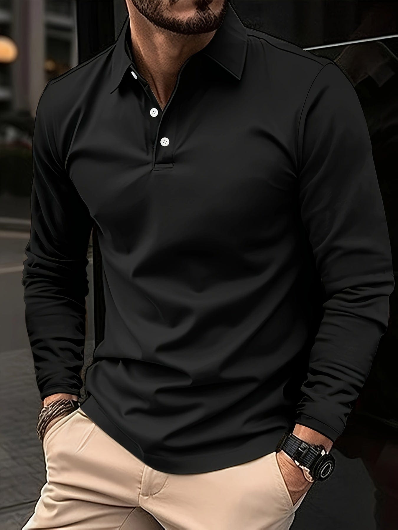Long Sleeve Polo Shirt - Men's Plain Collared Button Neck Polo Shirt-Grace Aura