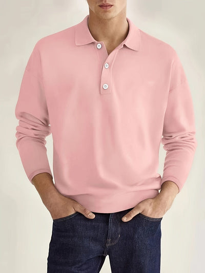 Long Sleeve Polo Shirt - Men's Plain Collared Button Neck Polo Shirt-Grace Aura
