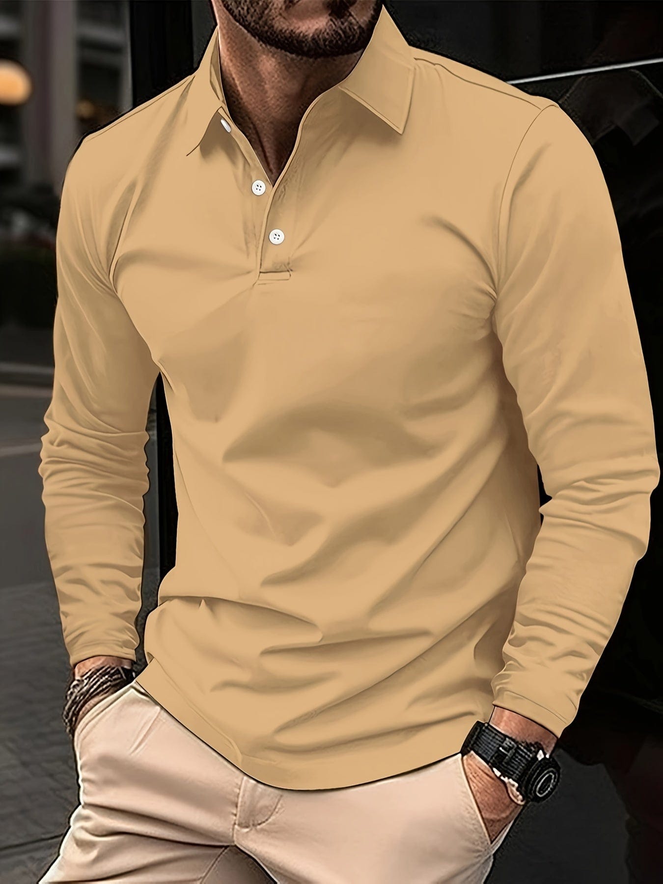 Long Sleeve Polo Shirt - Men's Plain Collared Button Neck Polo Shirt-Grace Aura