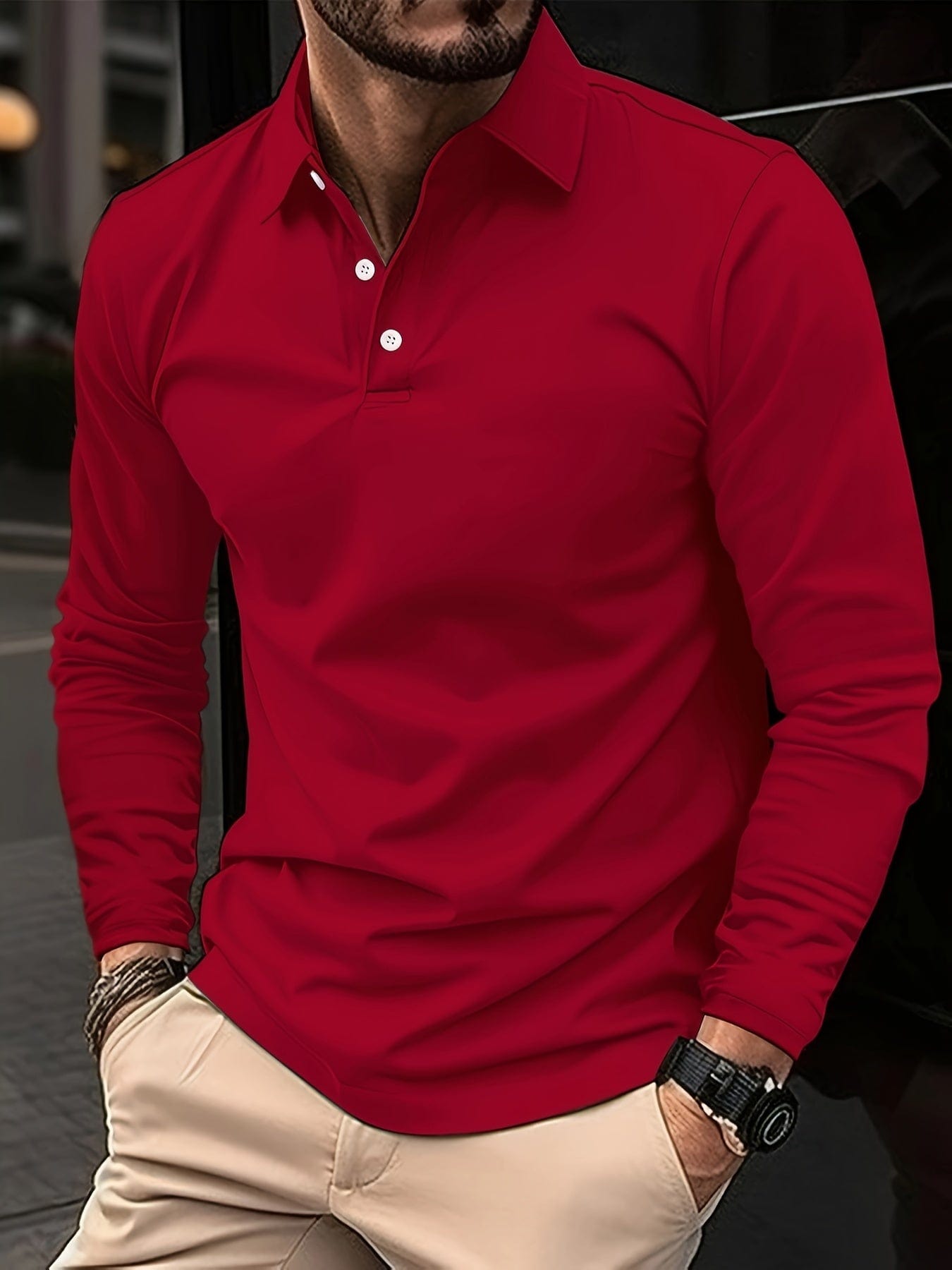 Long Sleeve Polo Shirt - Men's Plain Collared Button Neck Polo Shirt-Grace Aura