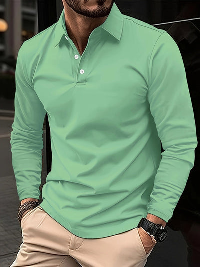Long Sleeve Polo Shirt - Men's Plain Collared Button Neck Polo Shirt-Grace Aura