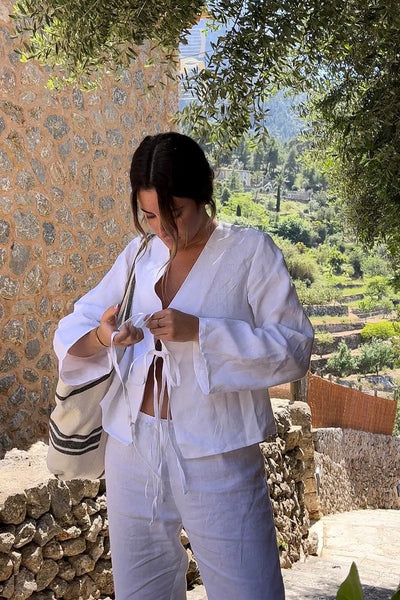 Long Sleeve Tie Shirt | White | Loose Fit | Tie Front Blouse | Women's Shirt-Grace Aura