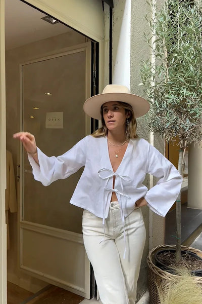 Long Sleeve Tie Shirt | White | Loose Fit | Tie Front Blouse | Women's Shirt-Grace Aura