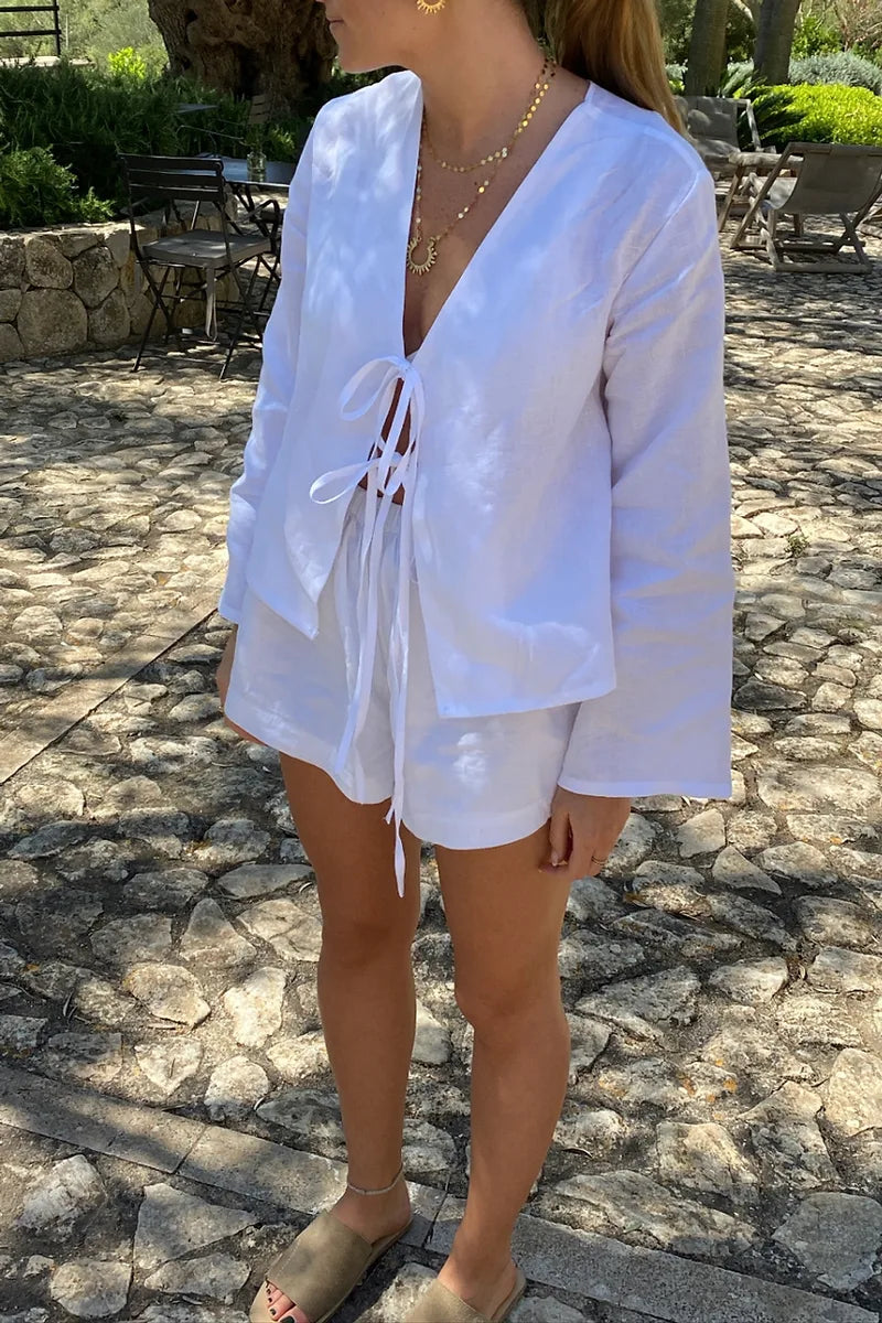 Long Sleeve Tie Shirt | White | Loose Fit | Tie Front Blouse | Women's Shirt-Grace Aura