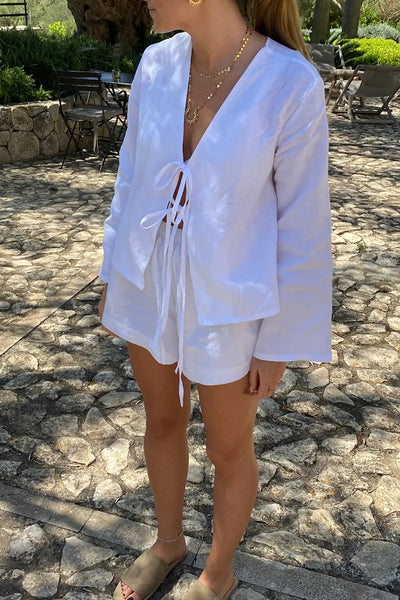 Long Sleeve Tie Shirt | White | Loose Fit | Tie Front Blouse | Women's Shirt-Grace Aura