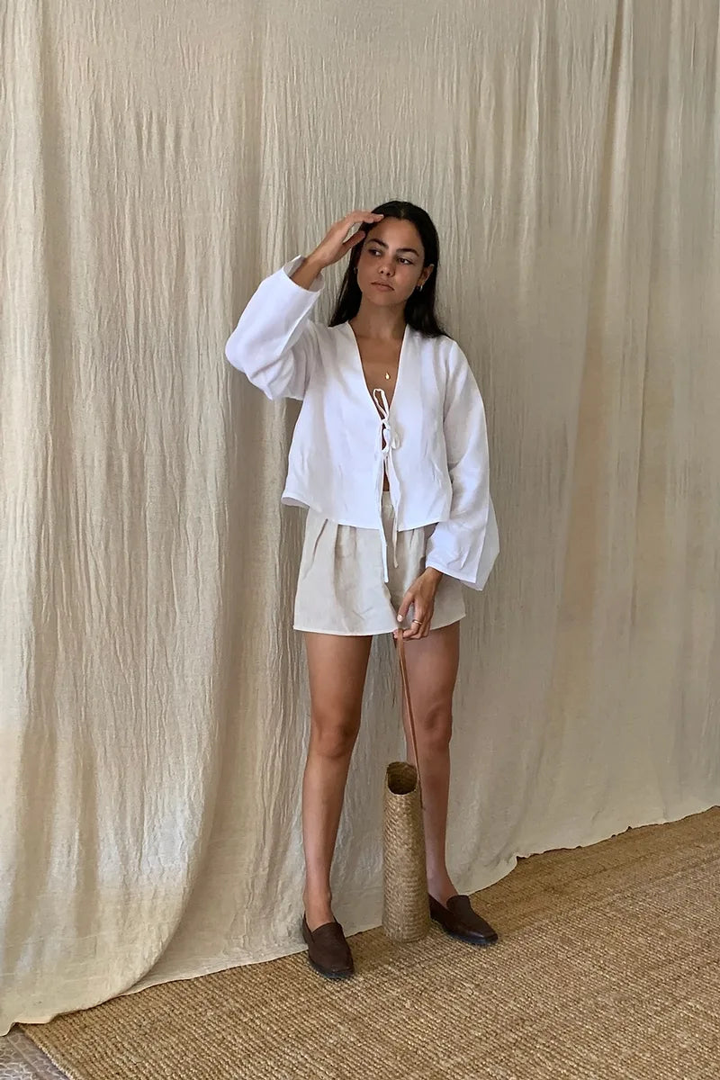 Long Sleeve Tie Shirt | White | Loose Fit | Tie Front Blouse | Women's Shirt-Grace Aura