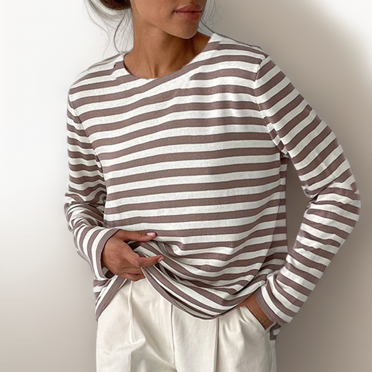 Long Sleeve Top - Striped - Loose Fit - Long Sleeve Shirt - Women's Clothing-Grace Aura