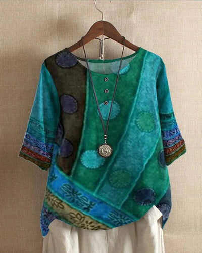 Loose Fit Blouse - Short Sleeve - Printed - Vintage Blouse - Women's Blouses-Grace Aura