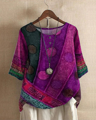Loose Fit Blouse - Short Sleeve - Printed - Vintage Blouse - Women's Blouses-Grace Aura