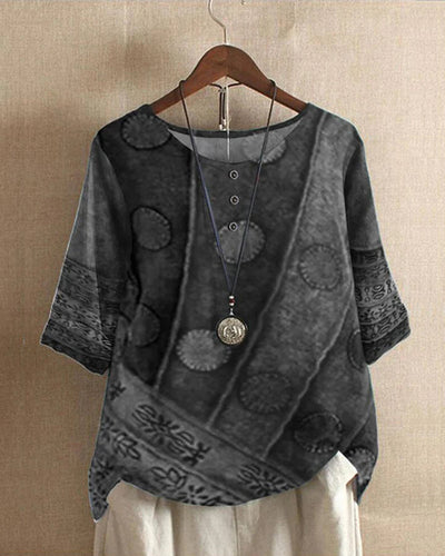 Loose Fit Blouse - Short Sleeve - Printed - Vintage Blouse - Women's Blouses-Grace Aura
