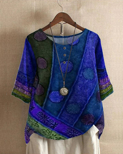 Loose Fit Blouse - Short Sleeve - Printed - Vintage Blouse - Women's Blouses-Grace Aura