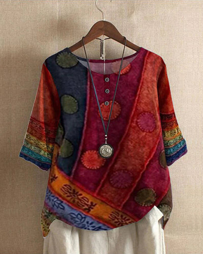 Loose Fit Blouse - Short Sleeve - Printed - Vintage Blouse - Women's Blouses-Grace Aura