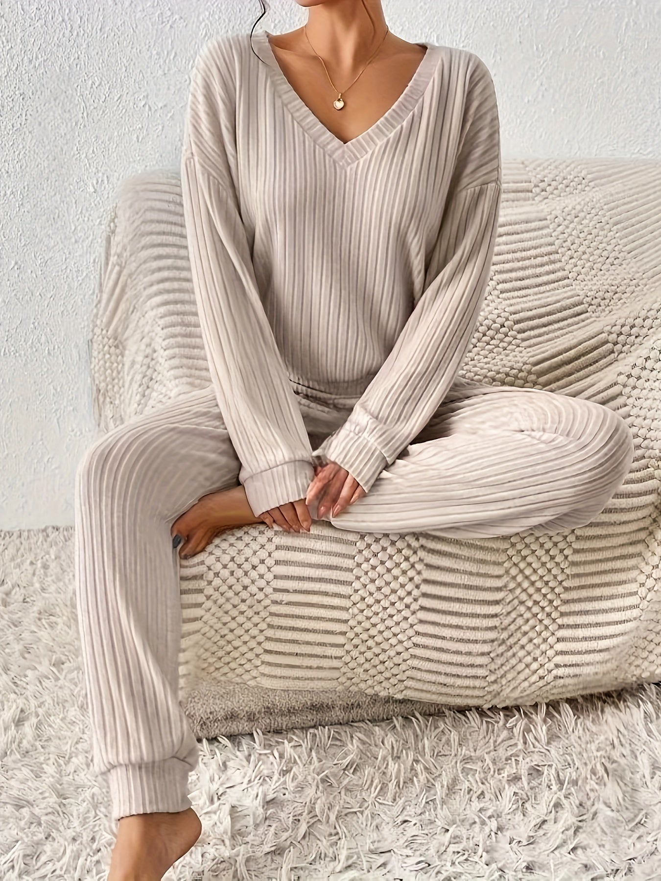 Lounge Set - Ribbed - Long Sleeve - Two-Piece Set - Women's Loungewear-Grace Aura