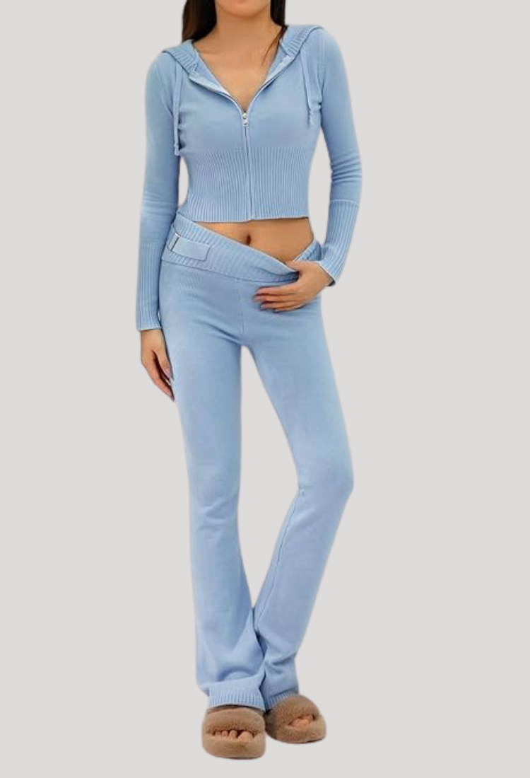 Lounge Set | Zip-Up | Hooded | Knit Two-Piece Set | Women's Loungewear-Grace Aura