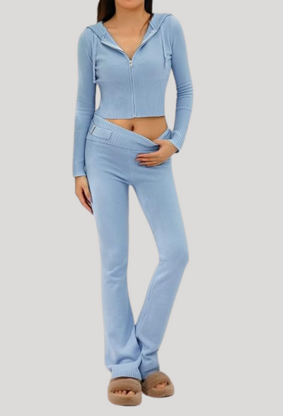 Lounge Set | Zip-Up | Hooded | Knit Two-Piece Set | Women's Loungewear-Grace Aura