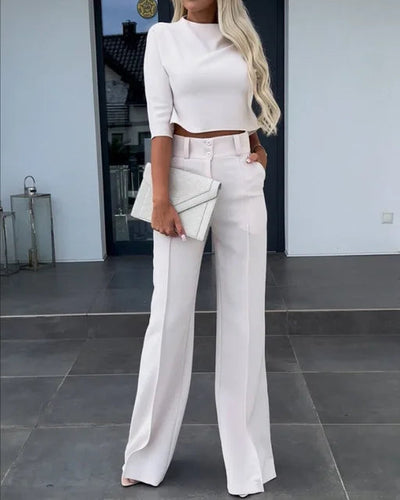 Matching Set - Two-Piece - Crop Top - Wide Leg Pants - Women's Clothing-Grace Aura
