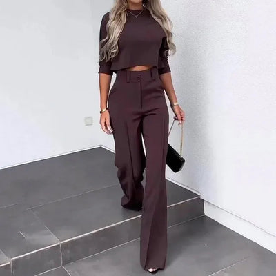 Matching Set - Two-Piece - Crop Top - Wide Leg Pants - Women's Clothing-Grace Aura