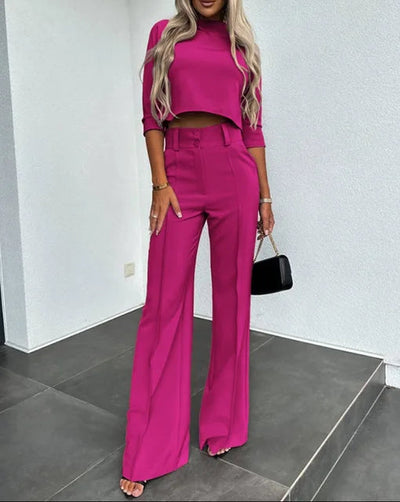 Matching Set - Two-Piece - Crop Top - Wide Leg Pants - Women's Clothing-Grace Aura