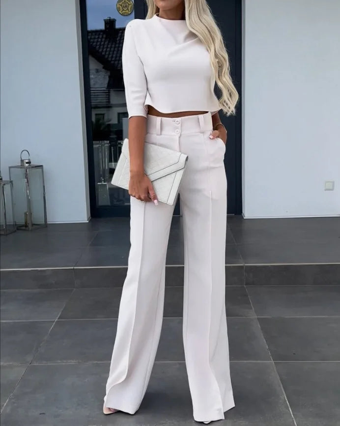 Matching Set - Two-Piece - Crop Top - Wide Leg Pants - Women's Clothing-Grace Aura