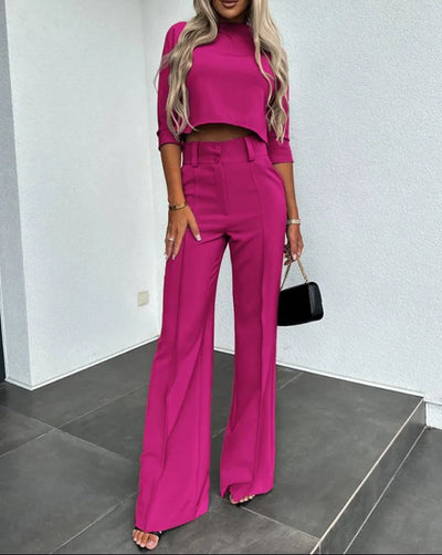 Matching Set - Two-Piece - Crop Top - Wide Leg Pants - Women's Clothing-Grace Aura