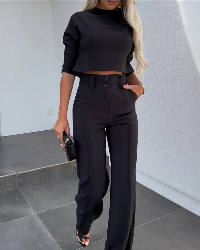 Matching Set - Two-Piece - Crop Top - Wide Leg Pants - Women's Clothing-Grace Aura