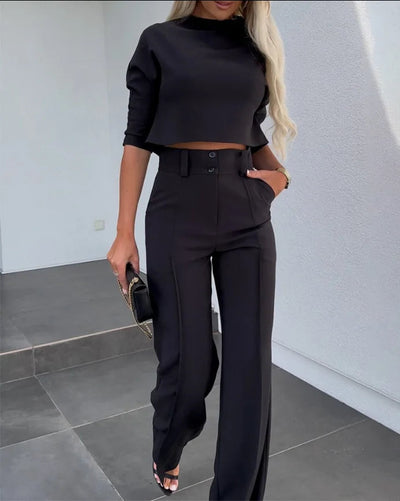 Matching Set - Two-Piece - Crop Top - Wide Leg Pants - Women's Clothing-Grace Aura