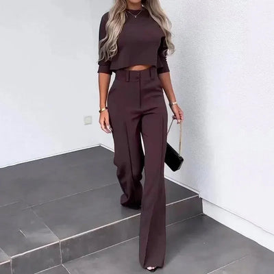 Matching Set - Two-Piece - Crop Top - Wide Leg Pants - Women's Clothing-Grace Aura