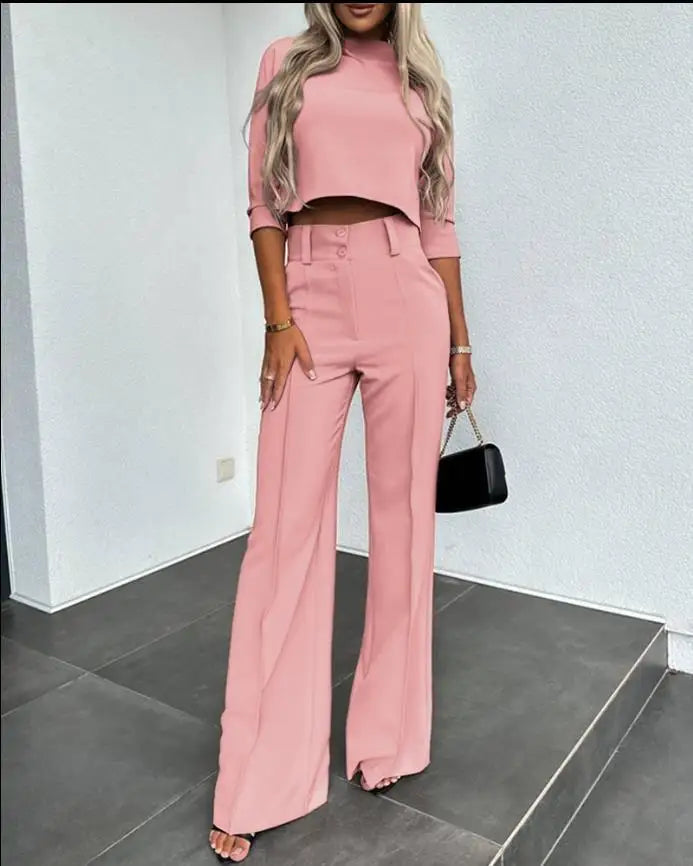 Matching Set - Two-Piece - Crop Top - Wide Leg Pants - Women's Clothing-Grace Aura