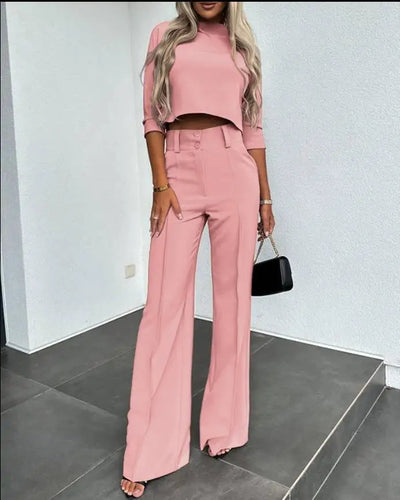 Matching Set - Two-Piece - Crop Top - Wide Leg Pants - Women's Clothing-Grace Aura