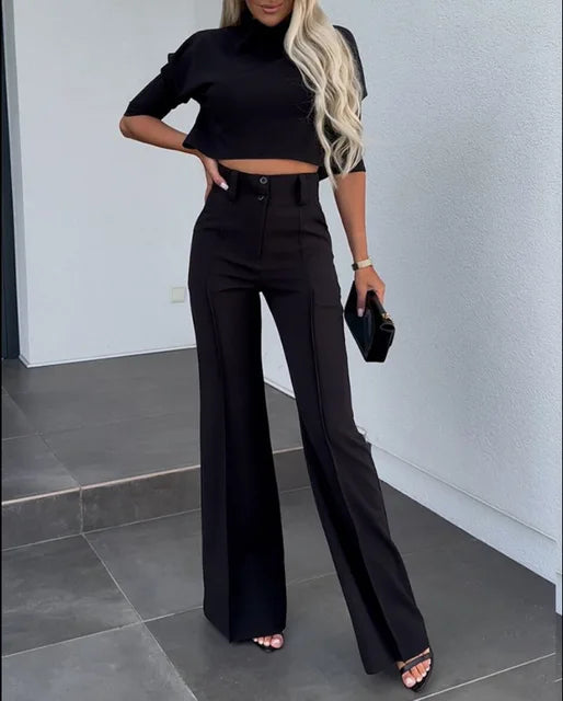 Matching Set - Two-Piece - Crop Top - Wide Leg Pants - Women's Clothing-Grace Aura