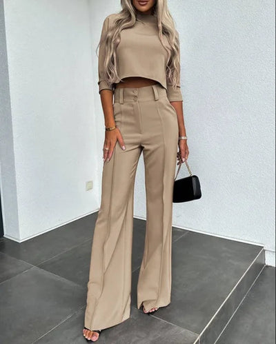 Matching Set - Two-Piece - Crop Top - Wide Leg Pants - Women's Clothing-Grace Aura