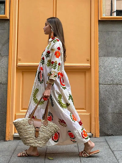 Maxi Dress - Button-Up - Oversized - Maxi Shirt Dress - Long Sleeve Maxi Dress-Grace Aura
