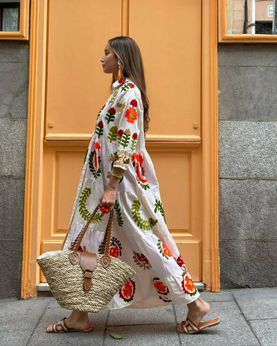 Maxi Dress - Button-Up - Oversized - Maxi Shirt Dress - Long Sleeve Maxi Dress-Grace Aura