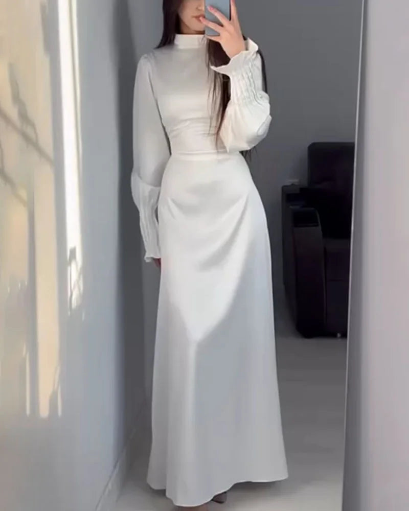 Maxi Dress - Long Sleeve - Lantern Sleeve - Satin Dress - Elegant Dress-Grace Aura