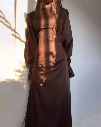 Maxi Dress - Long Sleeve - Lantern Sleeve - Satin Dress - Elegant Dress-Grace Aura