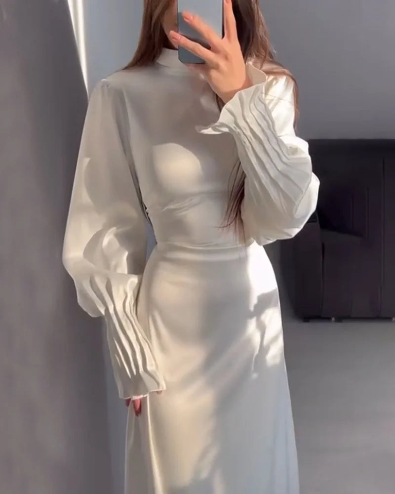 Maxi Dress - Long Sleeve - Lantern Sleeve - Satin Dress - Elegant Dress-Grace Aura