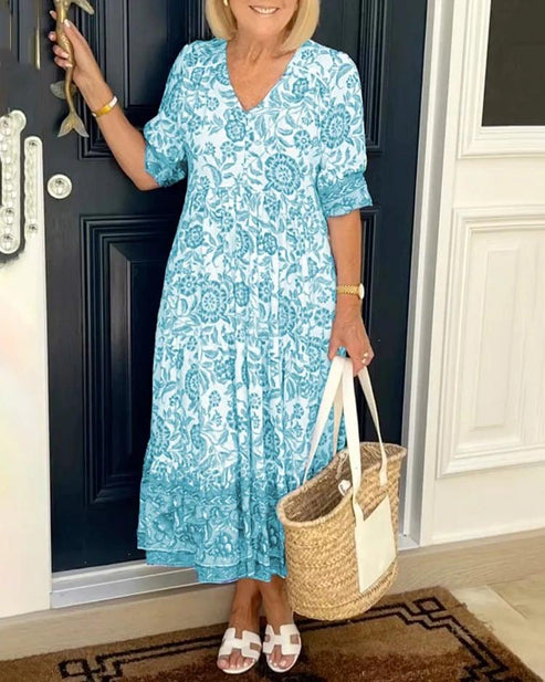 Maxi Dress - Short Sleeve - A-Line - Boho Dress - Maxi Sundress-Grace Aura