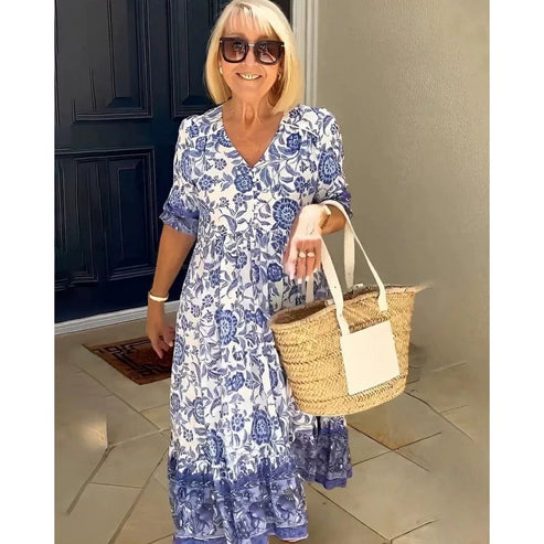 Maxi Dress - Short Sleeve - A-Line - Boho Dress - Maxi Sundress-Grace Aura