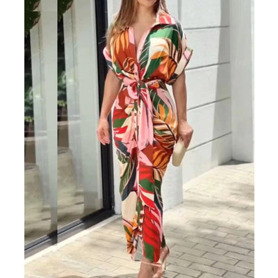 Maxi Dress - Short Sleeve - Belt - Button Up Dress - Summer Dress-Grace Aura