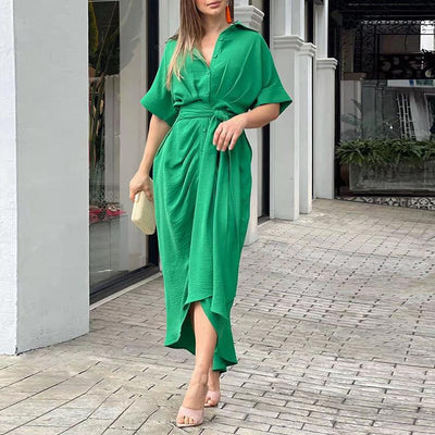 Maxi Dress - Short Sleeve - Belt - Button Up Dress - Summer Dress-Grace Aura